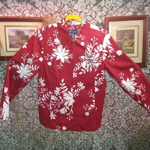 Susan Graver red and white floral embellished zipper jacket lined shoulder pads